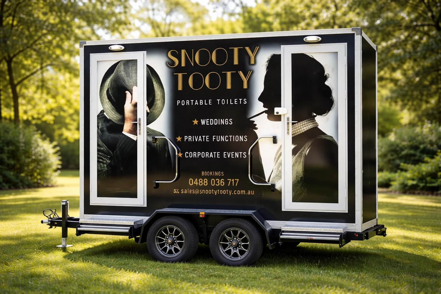 Snooty Tooty luxury portable restroom trailer at a garden event